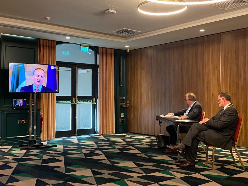 CIF_Ireland's tweet photo. The next normal: President Pat Lucey and Director General watching the Taoiseach's message @CIF_Ireland's National Conference #cifcon2020 https://t.co/sdfUHqVLAC