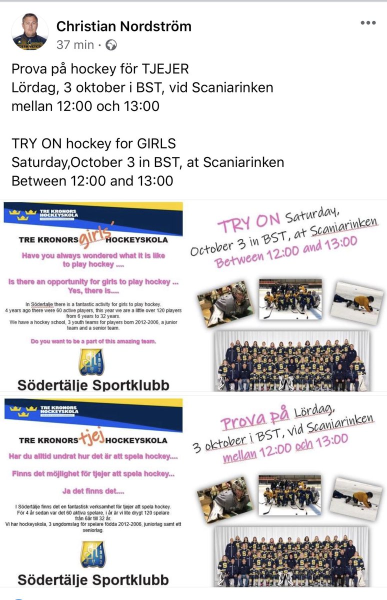Paattspatty's tweet image. Prova på hockey för tjejer nu på lördag, ta er dit!! Sprid vidare💜 #twittssk @SodertaljeSK