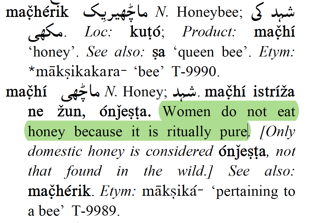 Kalasha women do not eat honey because it is ritually pure, quite similar to the Hindu belief of old. (Nīlamata Purāṇa of Kaśmīra says to offer honey to the Goddess Śyāmā)