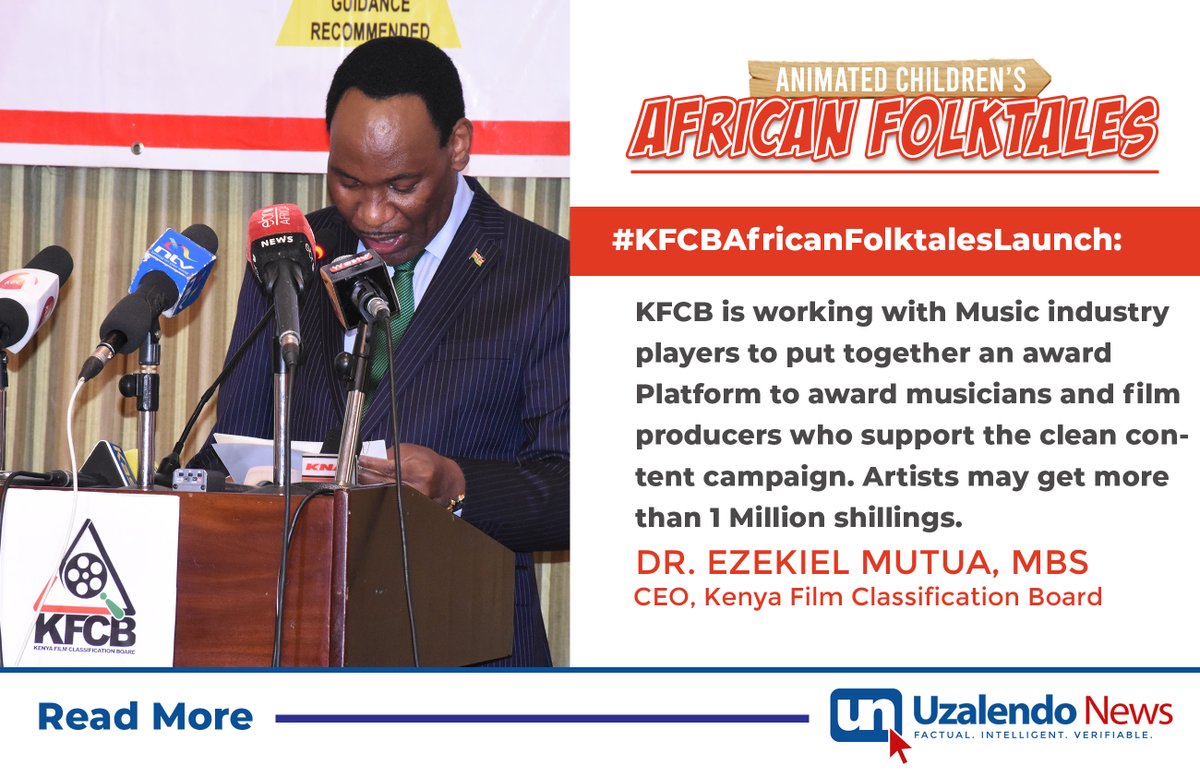 UzalendoNews_KE's tweet photo. KFCB has announced an award platform for artists and film producers aimed at promoting clean content. The winners will bag 'not less than 1 Million shillings' 
.
#KFCBAfricanFolktalesLaunch #UzalendoNewsKE https://t.co/ASkDIZnypn