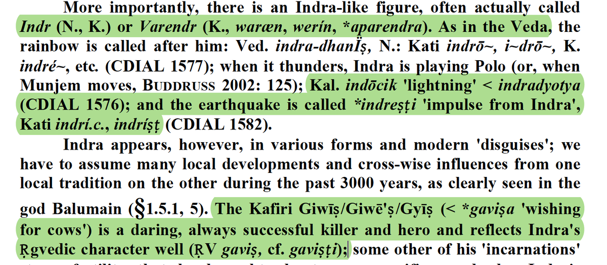 Kalasha also have very rare words such as indōcik (lightning) which is from 'ndradyotya'Earthquake in Kalasha is called *indreṣṭi / indríṣṭ "impulse from Indra"In the Nuristani tongue, a daring hero by the name of Giwīṣ/Gyīṣ appears. This means "wishing for cows"