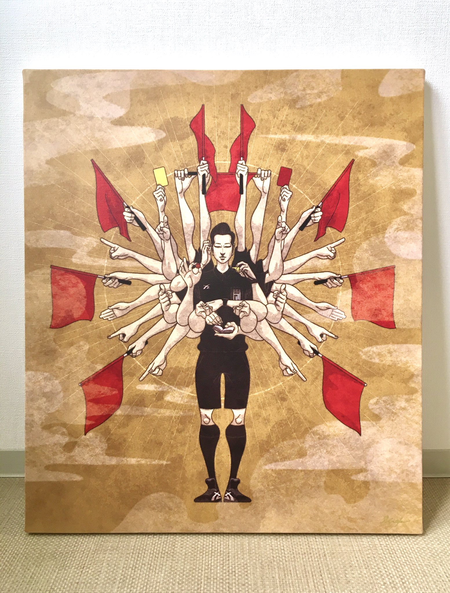 Fcさえき 展示イラストその2 慈悲の笛 テーマは見たまま 審判 サッカーのレフェリーが試合中にする様々なジェスチャーから千手観音菩薩をイメージしたのがキッカケ 結構お気に入りです サッカーイラスト レフェリー 千手観音菩薩 Varの