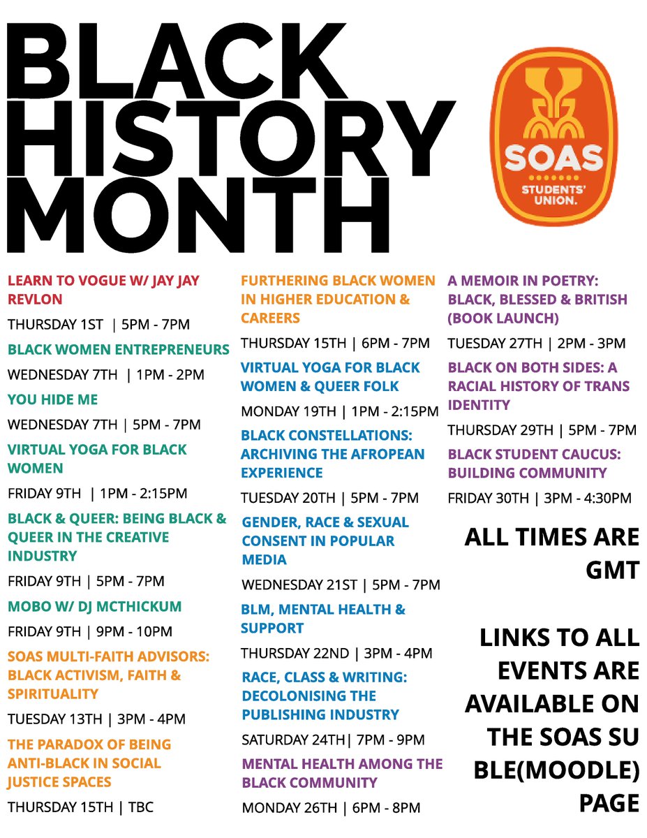 Happy Black History Month SOAS.
We're happy to announce our calendar of events for BHM 2020 - with interactive classes, discussion spaces, and opportunities for community building.

Links to all our BHM events are available via the SU BLE(Moodle) page 👉 bit.ly/2EknEpf