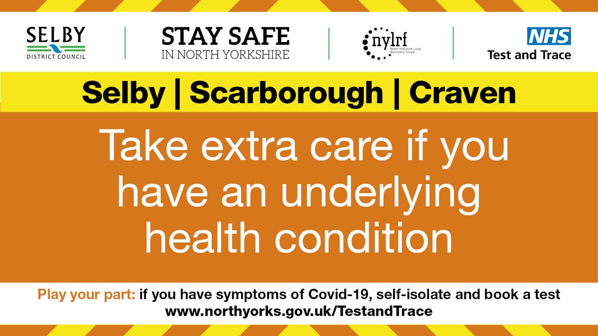 Please take extra care in #Selby district if you have an underlying health condition. We want everyone in #NorthYorkshire to be able to go about their lives but must act now to save lives, protect jobs &amp; the economy and keep schools open.