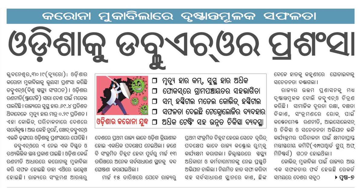 BJD4Odisha's tweet photo. କୋଭିଡ୍ - ୧୯ ସଂକ୍ରମଣକୁ ପ୍ରତିହତ କରିବା ମୃତ୍ୟୁ ସଂଖ୍ୟାକୁ ହ୍ରାସ କରିବା ନିମନ୍ତେ ମାନ୍ୟବର ମୁଖ୍ୟମନ୍ତ୍ରୀ ଶ୍ରୀ @Naveen_Odisha ଙ୍କ ନେତୃତ୍ୱରେ ପ୍ରଭାବୀ ପ୍ରଶାସନ ଓ ଗୋଷ୍ଠିଭିତ୍ତିକ ରଣନୀତିକୁ ବିଶ୍ୱ ସ୍ୱାସ୍ଥ୍ୟ ସଂଗଠନ ଭୁୟସୀ ପ୍ରଶଂସା କରିଛି ।
@CMO_Odisha
#WorldPraisesOdisha
#OdishaShines
#WHOPraisesOdisha https://t.co/cUGw7D0yN7