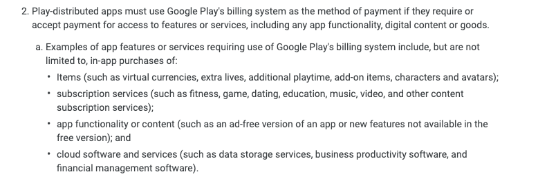 Google announced changes in their billing policy to enforce apps selling digital goods to only use Google Play billing services to be more specific. In that change, they also included new definitions of digital goods - Video, Music, Fitness classes, Dating in that list.(1/n)