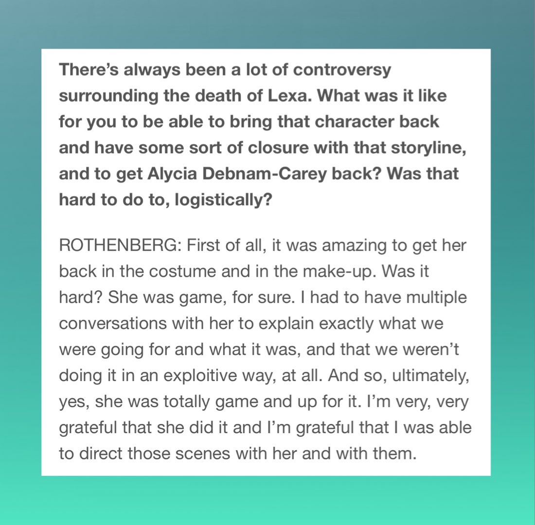 theDebnamNews's tweet photo. Jason indicated that Alycia was concerned about not using Lexa to exploit fans before she agreed to return for the finale.

“I had to have multiple conversations with her to explain exactly what we were going for and what it was, and that we weren’t doing it in an exploitive way” https://t.co/RTGGGFJO97