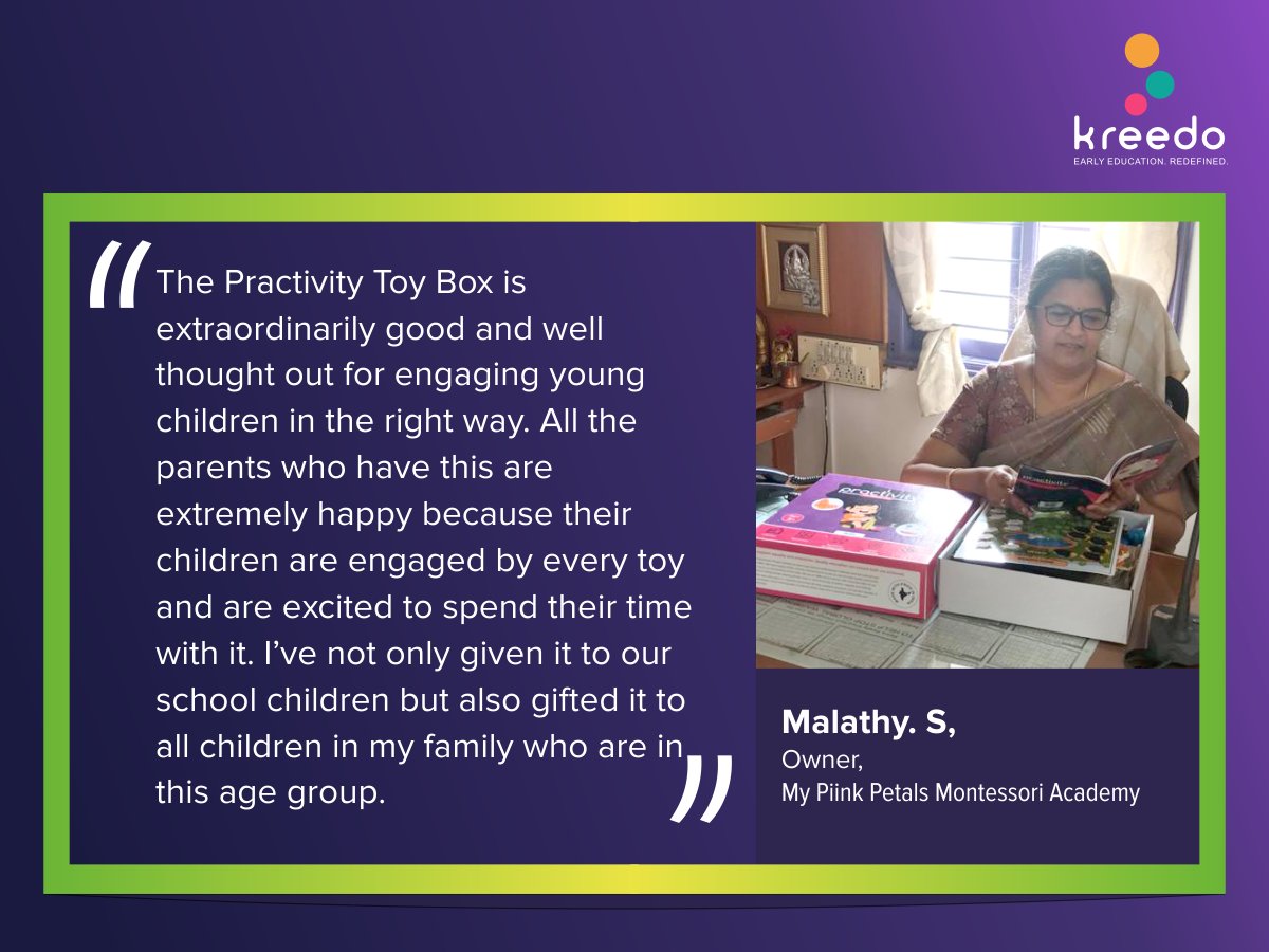 Malathy S, owner of My Piink Petals Montessori Academy speaking about the Practivity Toy Box.

Order your Practivity Toy Boxes. Available in 3 age groups.
Click here: bit.ly/33XkOPJ
Mail us: info@kreedology.com
Call us: 8861001367 

#toys #box #kreedo #home #learning