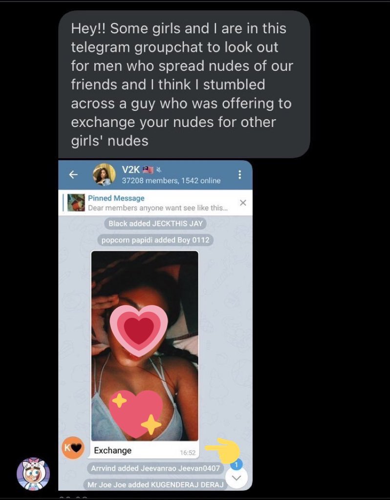 -EXCHANGING NUDES/ EXPLICIT CONTENT- sending nudes or pictures without consent not enough bro. they actually carry out exchanges in which they ask if anyone is willing to trade. sistem barter GITU clearly they just see girls as objects to be traded around