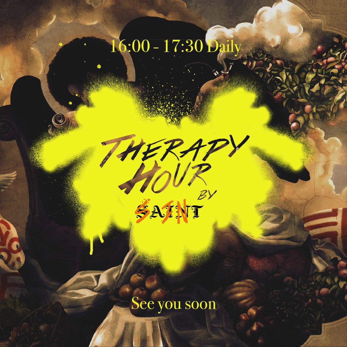 saint_jhb's tweet photo. Introducing Therapy Hour by Saint, 2 for 1 cocktails from 16:00-17:30. Dress up or drop in, come play - Because cocktails are cheaper than therapy. https://t.co/lxDyGKoS6D