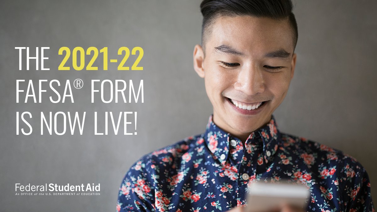 The 2021-22 FAFSA form is now available at fafsa.gov 🎉 Fill it out ASAP to get as much financial aid as possible.