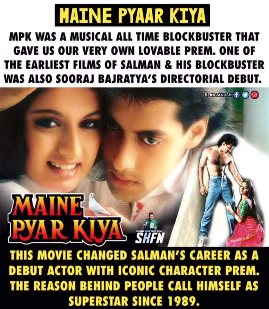 I am going to show you all a beautiful thread, in which I will be talking about  #SalmanKhan’s iconic movies & character till date.Since debut Superstar for the reason.Film :- Maine Pyar KiyaRelease Date :- 29 december, 1989 @BeingSalmanKhan as Prem ChoudharyVerdict : ATBB .