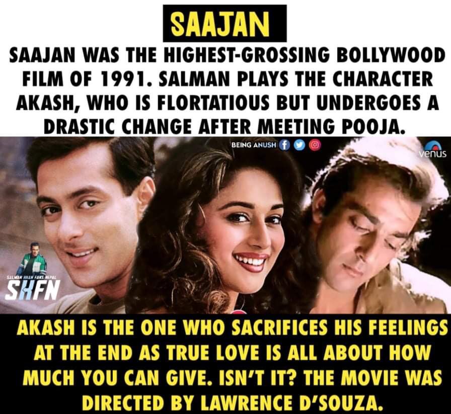 Film :- SaajanRelease Date :- 30 August, 1991Verdict :- BLOCKBUSTER @BeingSalmanKhan as Akash Verma.One of the most soothing and amazing movie. The songs and the memorable story.  #SalmanKhan + belated  #SPBalasubramanyam combination 