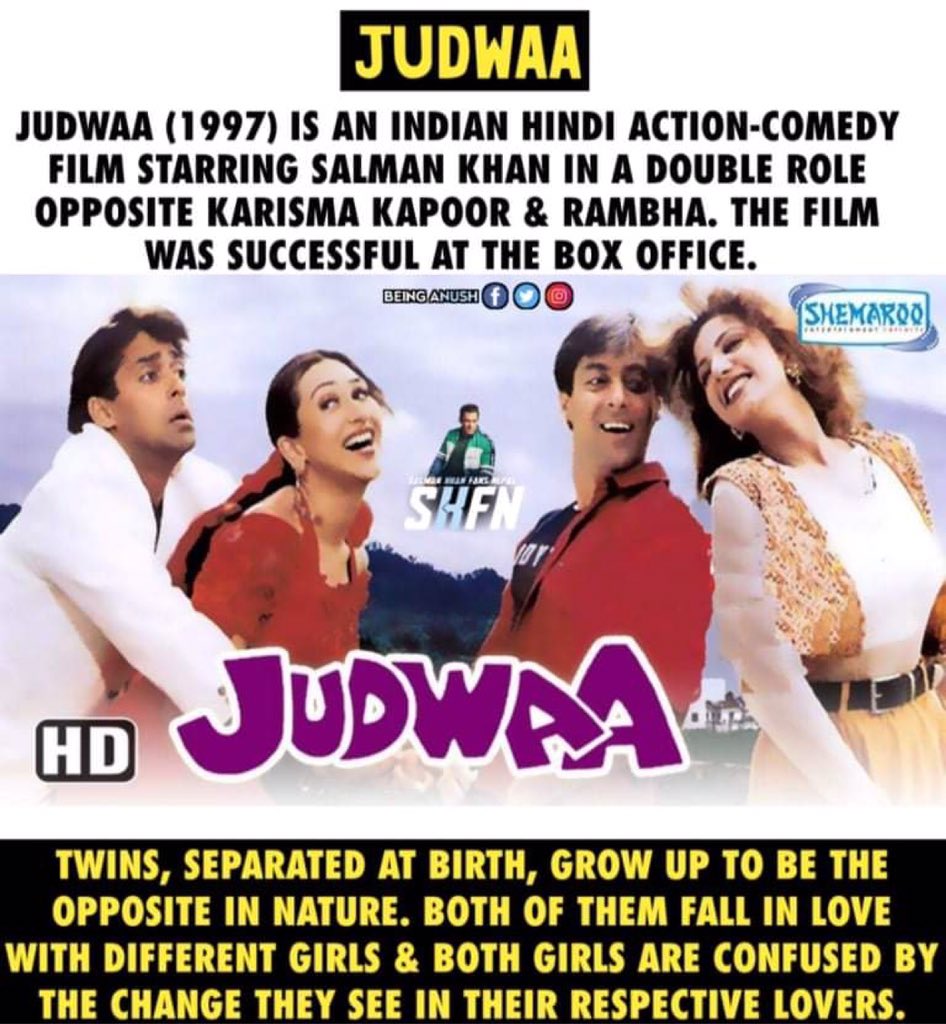 Film :- JudwaaRelease Date :- 7 February, 1997Verdict :- Hit @BeingSalmanKhan as Raja/Prem Malhotra ( Dual role )  #SalmanKhan was not David Dhawan's first choice for the film. But later on he made this movie to next level playing amazing role 