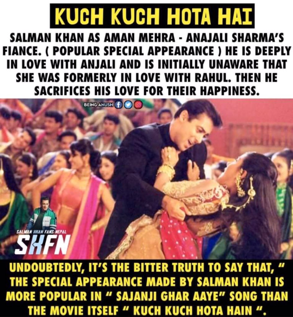 Film :- Kuch Kuch Hota HaiRelease Date :- 16 October, 1998Verdict :- ATBB @BeingSalmanKhan as Aman Mehra.DAMN TRUTH THAT FILM BELONGS POPULAR BY  #SalmanKhan 