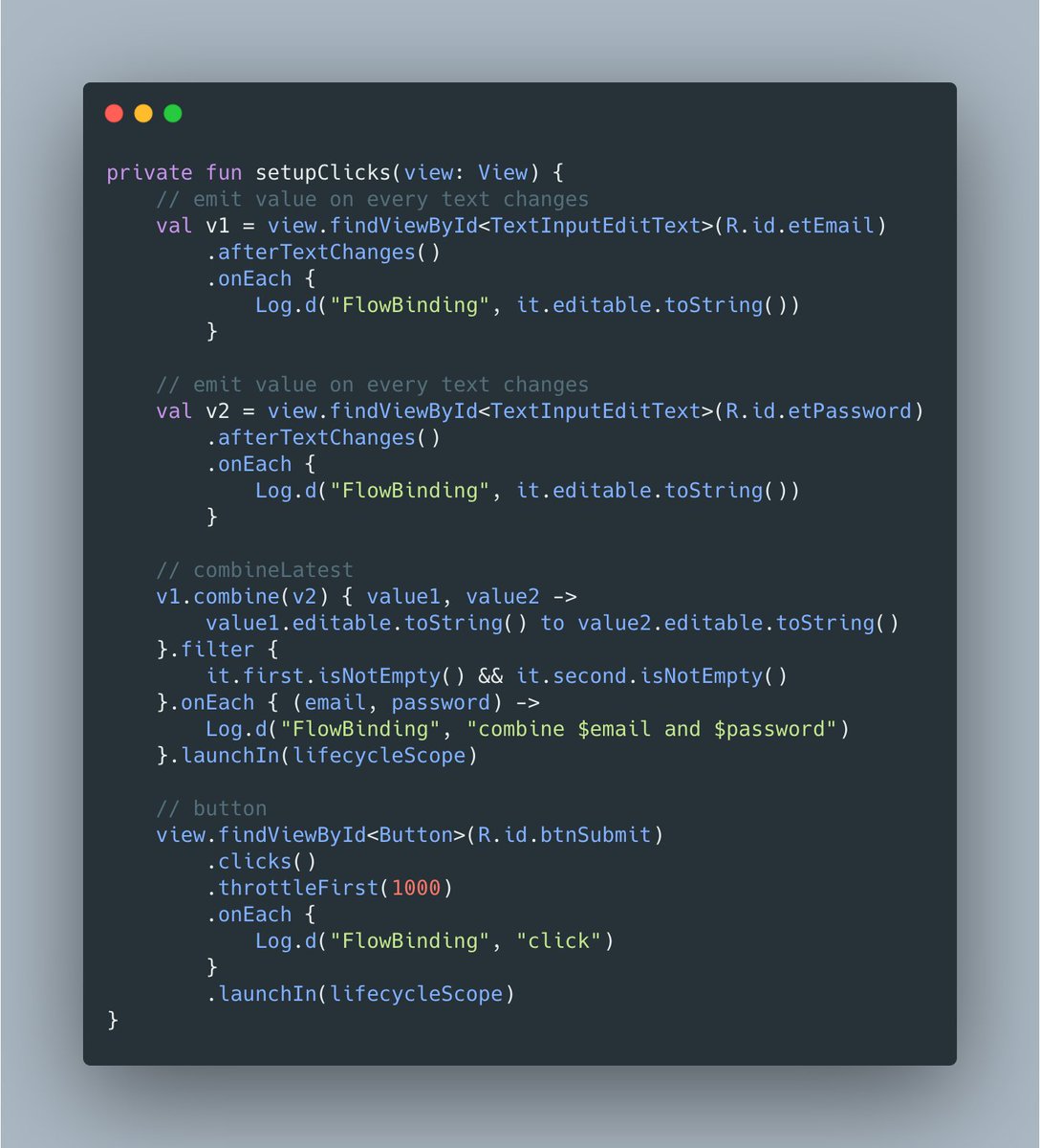 r_adiit's tweet photo. Just give a try #FlowBinding from https://t.co/FXYwu1biUm
my first impression is very easy to use!
and the convention similar to rxbinding, which made the integration so easy.
kudos to @ychescale9 https://t.co/6Fr3bX1lMA
