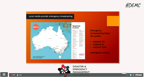 ANZDMC's tweet photo. Our 5th and final Keynote speaker for today, Former Manager of ABC Emergency Broadcasting Ms Sascha Rundle, with her presentation on The Time of Emergency. #DEMC #ANZDMC https://t.co/L6zsLhqgsU