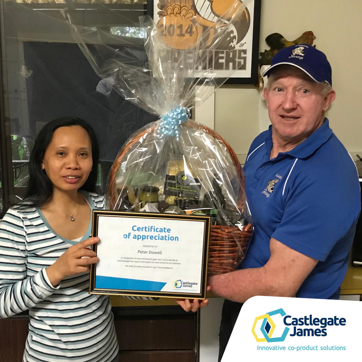 50 YRS CONGRATS to a distinguished career in #dairy industry. Peter Dowel &amp; wife Mildred presented with a hamper and certificate of appreciation 
Peter has been bucketing 1tn a day of brewer’s grain by hand for 40yrs . He has carted approx 14,600tn of brewer’s grain to the dairy.