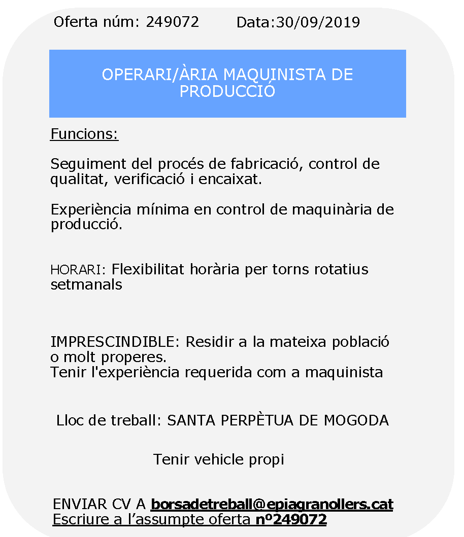 FPescolapiaGrn's tweet photo. Seguim amb tres noves #ofertes de #feina – operari/ària de producció i caixera que gestiona la borsa de treball de @epiagranollers.  Estàs interessat/da?
 Correu a borsadetreball@epiagranollers.cat ó truca 93 879 43 14 o WhatsApp al 636 27 59 42.
#valles #granollers #fpescolapia https://t.co/xdvdhXTeKP