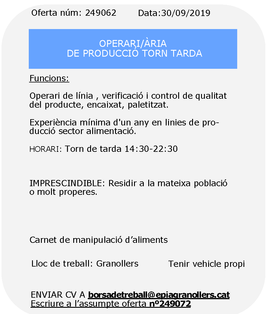FPescolapiaGrn's tweet photo. Seguim amb tres noves #ofertes de #feina – operari/ària de producció i caixera que gestiona la borsa de treball de @epiagranollers.  Estàs interessat/da?
 Correu a borsadetreball@epiagranollers.cat ó truca 93 879 43 14 o WhatsApp al 636 27 59 42.
#valles #granollers #fpescolapia https://t.co/xdvdhXTeKP