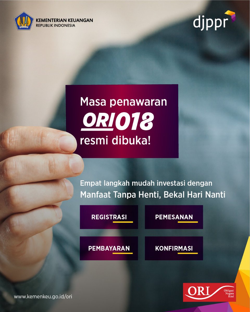 DJPPRkemenkeu's tweet photo. Rekans, masa penawaran ORI018 telah dibuka. Apakah danamu untuk investasi ORI018 sudah siap? Ini dia langkah mudah melakukan pemesanan ORI018 ya.
#IniUntukKita
#InvestasiNegeriku https://t.co/OBOHIhbH4c