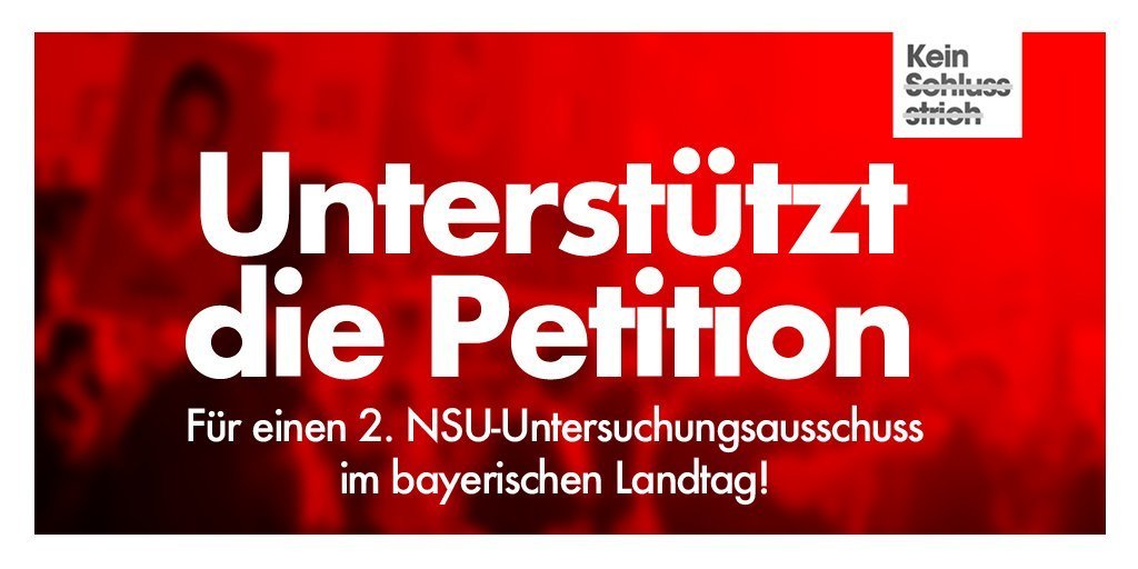 (1/10) DRINGEND: Wir fordern die Einsetzung eines 2. bayerischen #NSU-Untersuchungsausschusses. Neue Recherchen liegen vor &amp; alle offenen Fragen sind zusammengetragen. Unterschreibt hier: chng.it/w4hwp5MJN4 und teilt die Petition mit #KeinSchlussstrich!