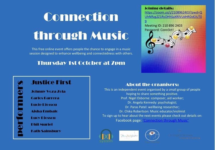 Justice1st1's tweet photo. Thank you to @paraswellbeing for organising this musical event tonight. It’s free to attend via zoom (see photo for more details) we hope you can join us 🙏 https://t.co/xlmXRo5V58