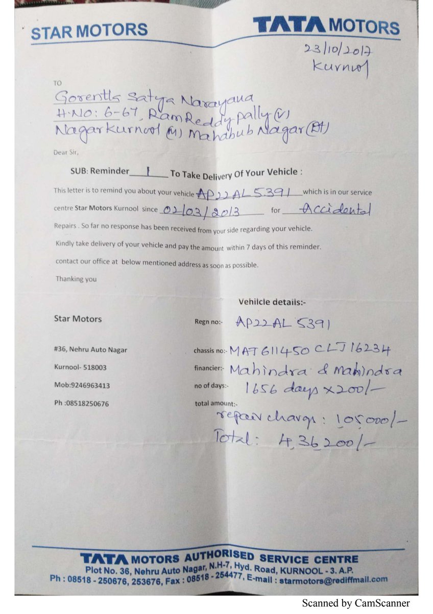 SNG789's tweet photo. Hi Sir,I purchased Honest Tata Car but Service center and showroom Owners,&amp; given many complaints to Tata motors  layers and courts Playing curial Game with me from 8 Years onw. Finally throwing my car to scrap I paid 8 lakhs to car but still requesting540000 Please look into it https://t.co/1Y622EiVfI