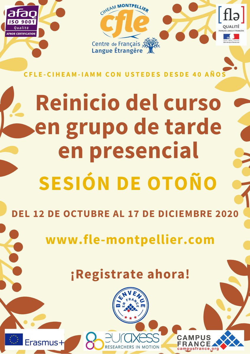 CIHEAMIAMM's tweet photo. Cursos de #francès 🇫🇷
El reinicio del #curso en #grupo de #tarde en presencial -en estricto cumplimiento de las normas de distanciamiento y seguridad sanitaria- se reanudará 📆 el 12 de octubre de 2020.
▶️ https://t.co/OXkexBaRLP
#Montpellier #apprendreFR #AprenderFr https://t.co/kG2MiN8qJd