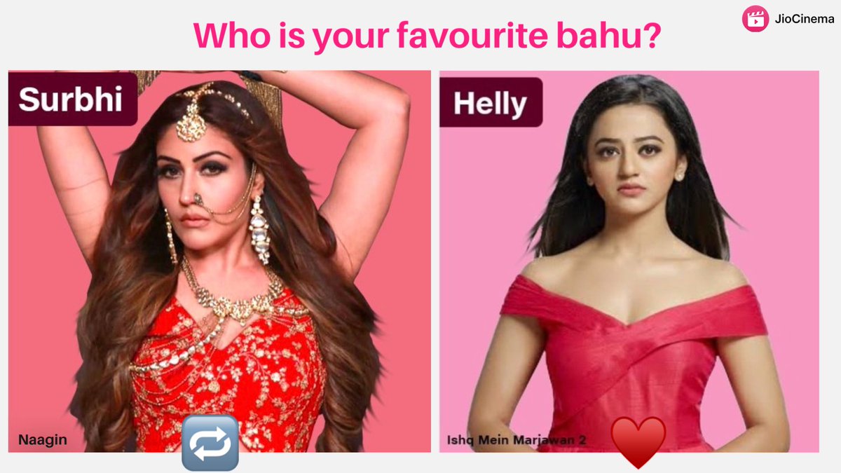 HotstarReality's tweet photo. Whom do you love watching? 😍

🔁RT for #SurbhiChandna, ♥️LIKE for #HellyShah 😍

#ThursdayThoughts #helly #ishqmeinmarjawaan2 #IMM #Naagin https://t.co/y96uODtyyv