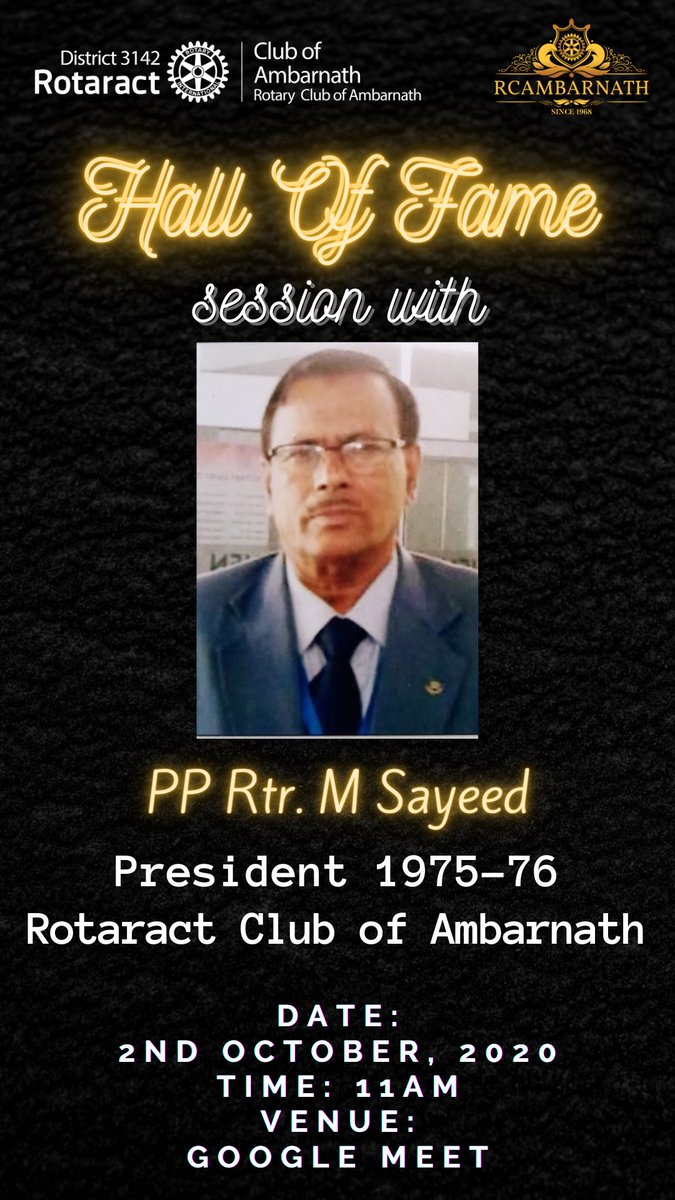 rcambarnath3142's tweet photo. Bringing to you Hall of Fame session with PP RTR. M Sayeed
President 1975-76, Rotaract Club of Ambarnath
On 2nd October, 2020, 11AM
Venue: Google Meet https://t.co/Nneni7LIrk
#HallOfFame
#CelebrateRotaract
#Miraclechasers https://t.co/A2he8idRfL