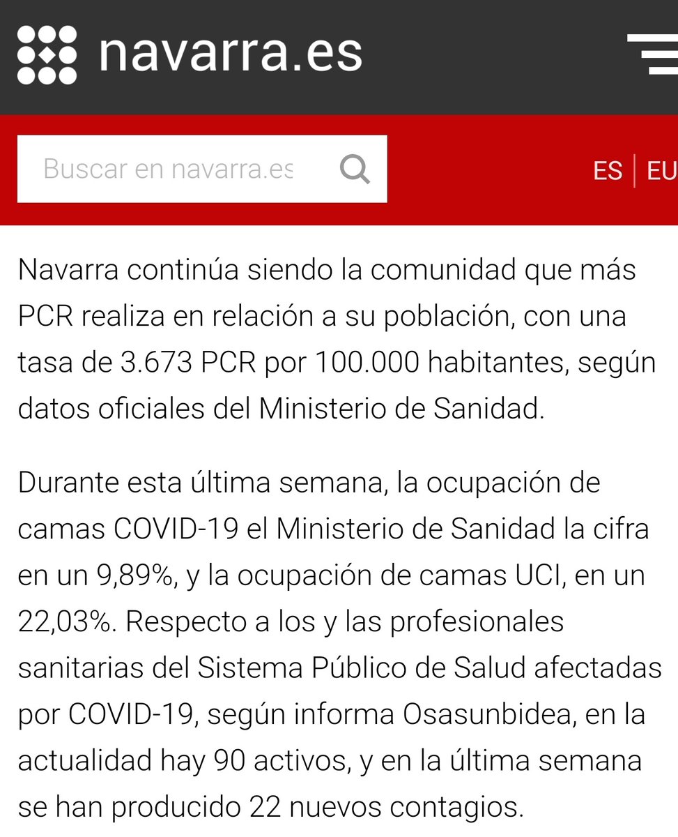 aser_6's tweet photo. @JavierSanz Con todo el respeto y sin querer crear ninguna polémica, creo que hay que ser más preciso a la hora de dar cierta información. Navarra es la comunidad que más PCR realiza, con más pruebas, más positivos y más trazabilidad. Además la ocupación camas UCI está al 22%. https://t.co/esohFhxT3E
