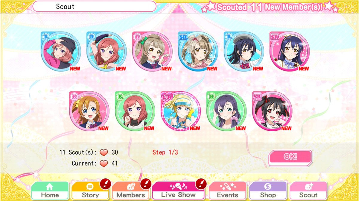llsif scouts!! this was the ur guaranteed scout? not on my main, it's a box for new users but the guaranteed urs don't come until the last step lmao