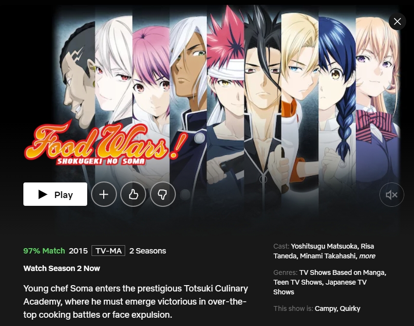 Shokugeki no Soma(Food Wars) Na netflix 