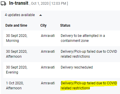 paragmoondra's tweet photo. @AmazonHelp @help_delhivery @AmazonHelp the status on delhivery tracking site has again been updated to failed citing false covid restrictions. :( https://t.co/fbCLSO4R0D