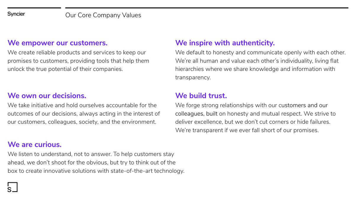 We are proud to officially announce our company values! Over the last months we elaborated five value statements that will help us to further shape our own identity and collaboration model. Are you curious which ones we chose? Have a look at our website! 
syncier.com/en/about-us
