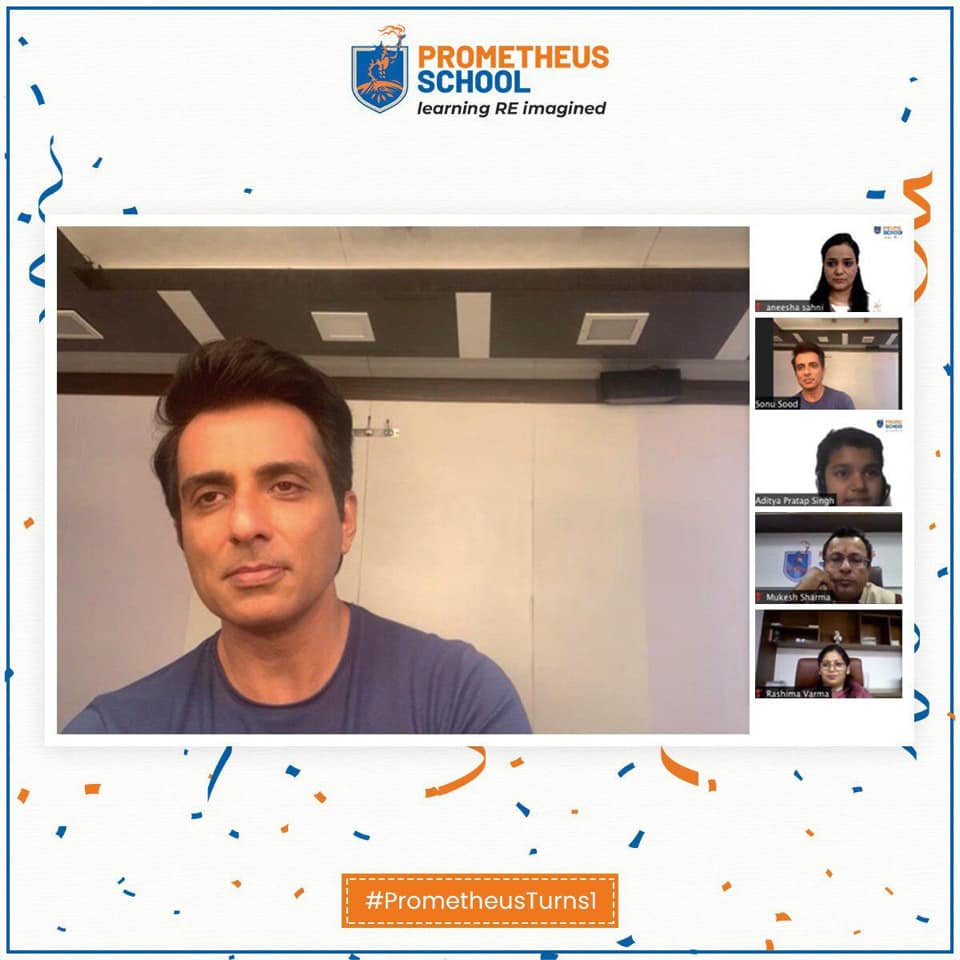 Prometheus_Edu's tweet photo. On 1st #Anniversary of Prometheus School, students interacted with #BollywoodStar &amp; #Philanthropist, @SonuSood. He shared his experiences in the movies, how his mother has been his guiding light &amp; what motivated him to help society. @Prometheus_Edu #Celebration #Milestone https://t.co/nliVCL3j1L