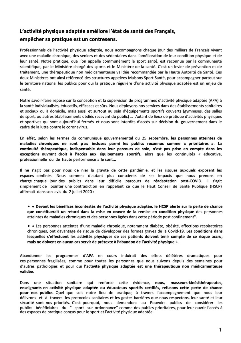 L’activité physique adaptée améliore l’état de santé des Français, empêcher sa pratique est un contresens !