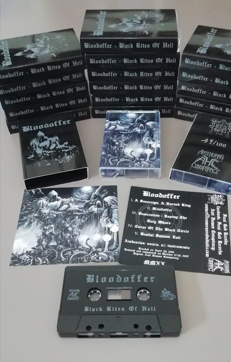Recorded 8 years ago, the demo of my project Bloodoffer is finally out on tape, the old school way, on Anti Human Conspiracy Recs. 
Fans of early Temple of Baal, Gorgoroth, Dodheimsgard, etc, this is for you. #blackmetal #rawblackmetal #trueblackmetal 
facebook.com/antihumanconsp…
