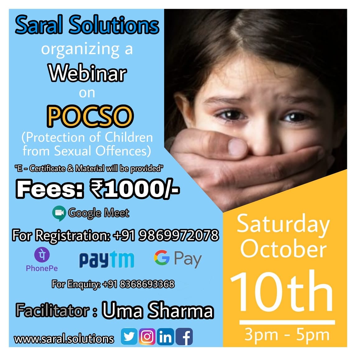 SolutionsSaral's tweet photo. Awareness is a powerful catalyst and greatest agent for positive change.
Use this opportunity. Be aware and become the change agent.
Link for Registration
https://t.co/daIxmJ5iFu
.
https://t.co/nyzpmkD3g0
.
#webinar #pocsoact #savechildren #act2012 #saralsolutions https://t.co/f4D8XLzQ8w