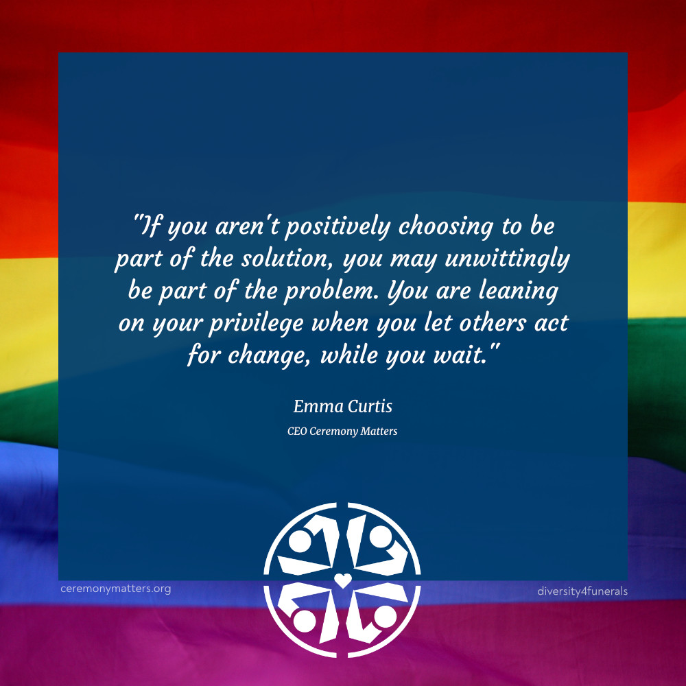 Join us for our Diversity and Inclusion LGBTQIA+ conference for funeral professionals 10/11 Oct. If you aren't positively choosing to be part of the solution, you may be unwittingly part of the problem.
#funeralcelebrant #funeraldirector #lgbtequality #inclusion4all #lgbtqia+