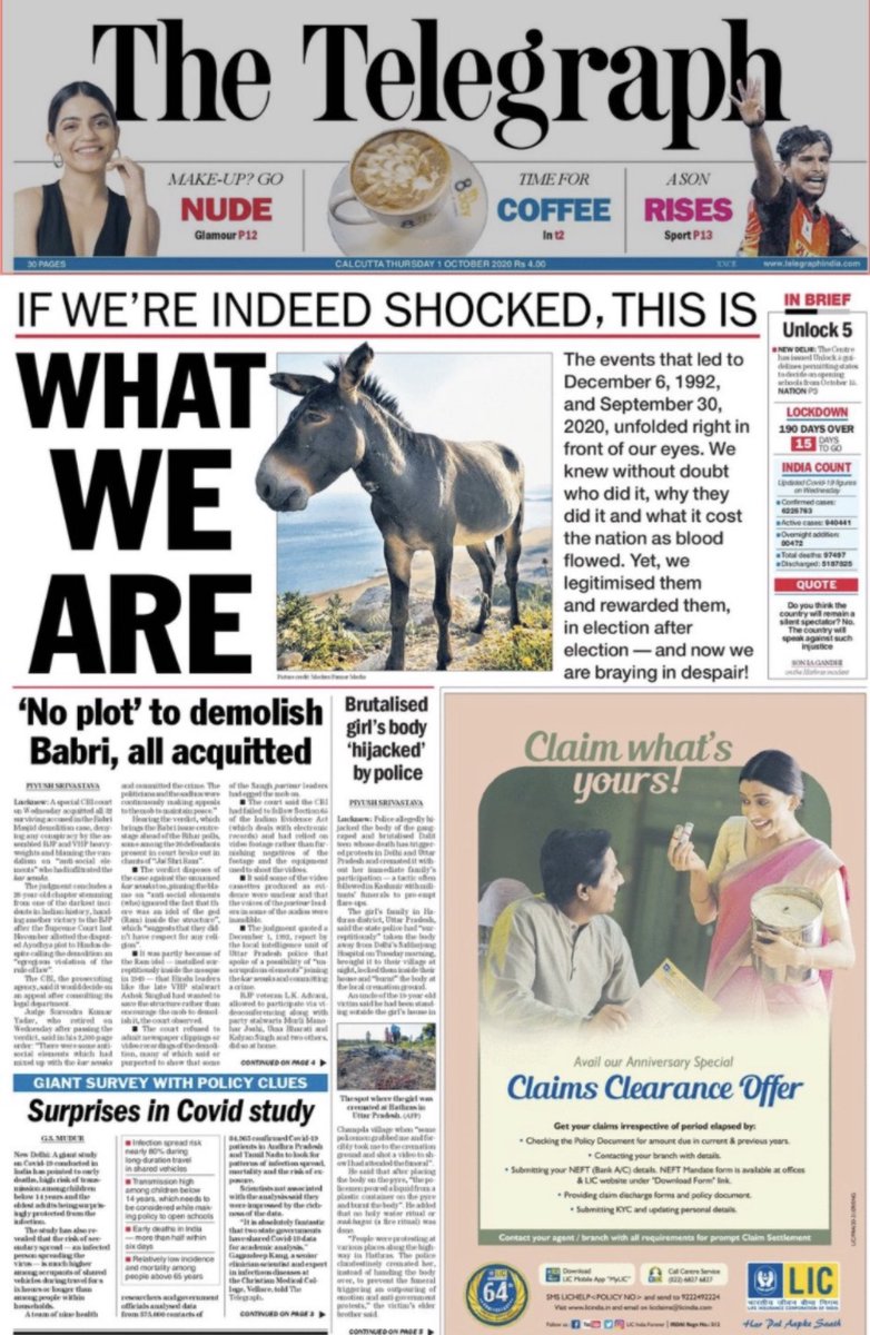 Some people asked me for my reaction to the #BabriMasjidDemolitionCase.

I didn’t comment.
But I think today’s front page of @ttindia gets it pretty much spot on.