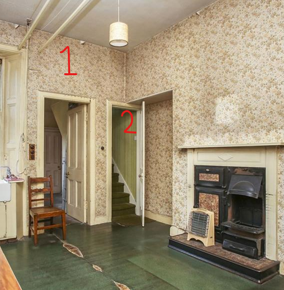 These doors lead through to a scullery (1) and a maid's room above (2). These were probably some of the last volume-built houses in Edinburgh finished with live-in servants accommodation.