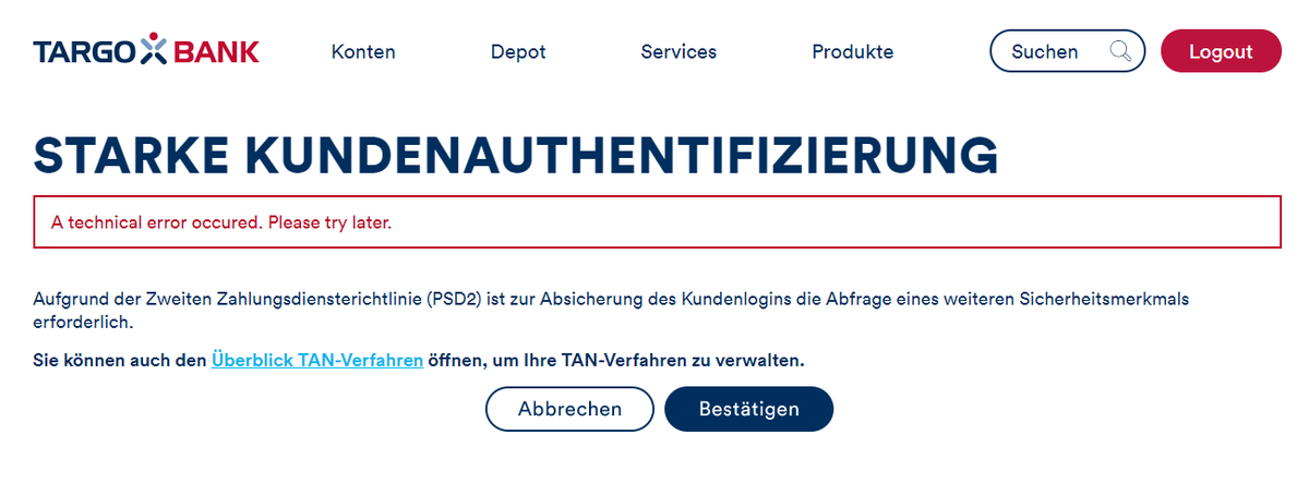 franke_media's tweet photo. Liebe @TARGOBANK Fehlermeldung seit gestern beim Versand der #mTan ohne die ja bei Euch kein Login möglich ist...
Neueste Meldung dann seit eben: Sie sind für kein gültiges TAN-Verfahren registriert." Und das, obwohl bis vorgestern noch mit mTan authentifiziert https://t.co/2xz8v4GMK4