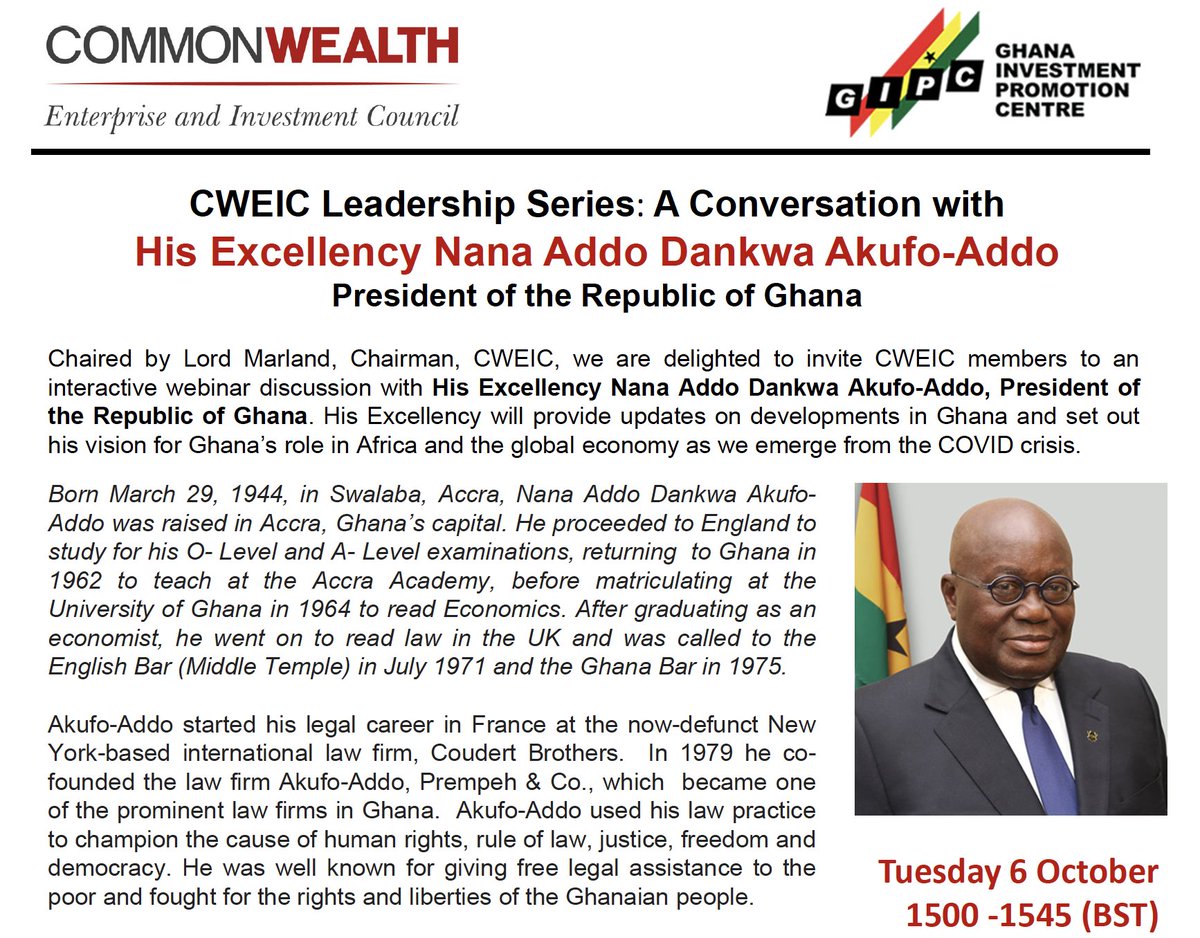 CWEICofficial's tweet photo. You can still register for our event next week with the President of Ghana. @NAkufoAddo will talk to us about the situation in Ghana and set out his vision for how Africa and the global economy responds to this pandemic. Register to attend at https://t.co/rOO1BVbRjl https://t.co/5OoXZZEWsN