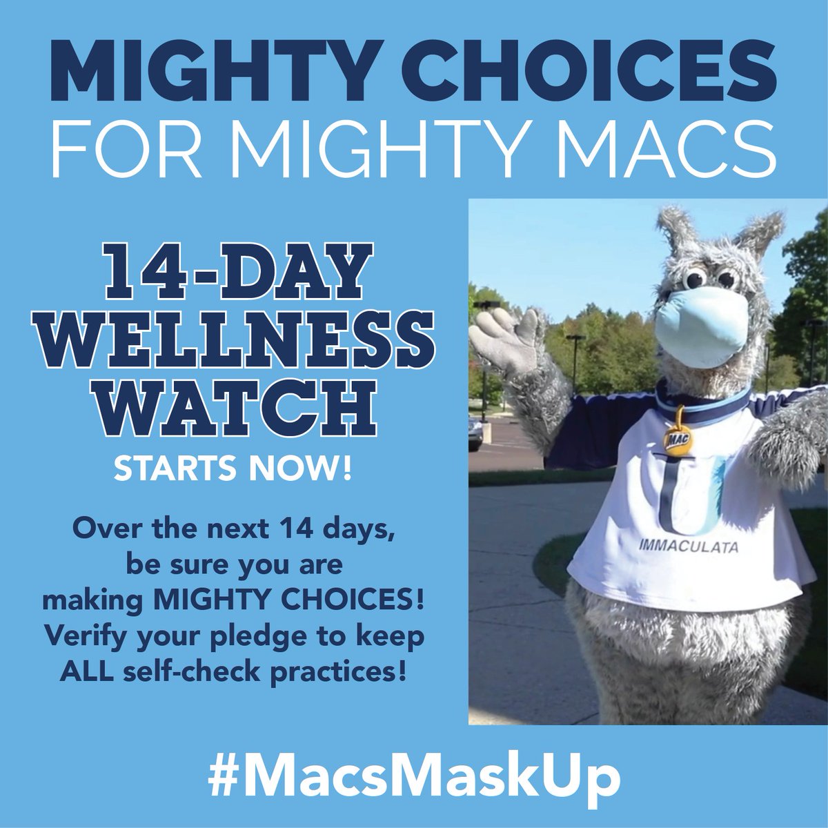 ImmaculataU's tweet photo. Let's stay safe before returning to campus! The 14-Day Wellness Watch starts now! #MacsMaskUp https://t.co/vyFMFyjiHp