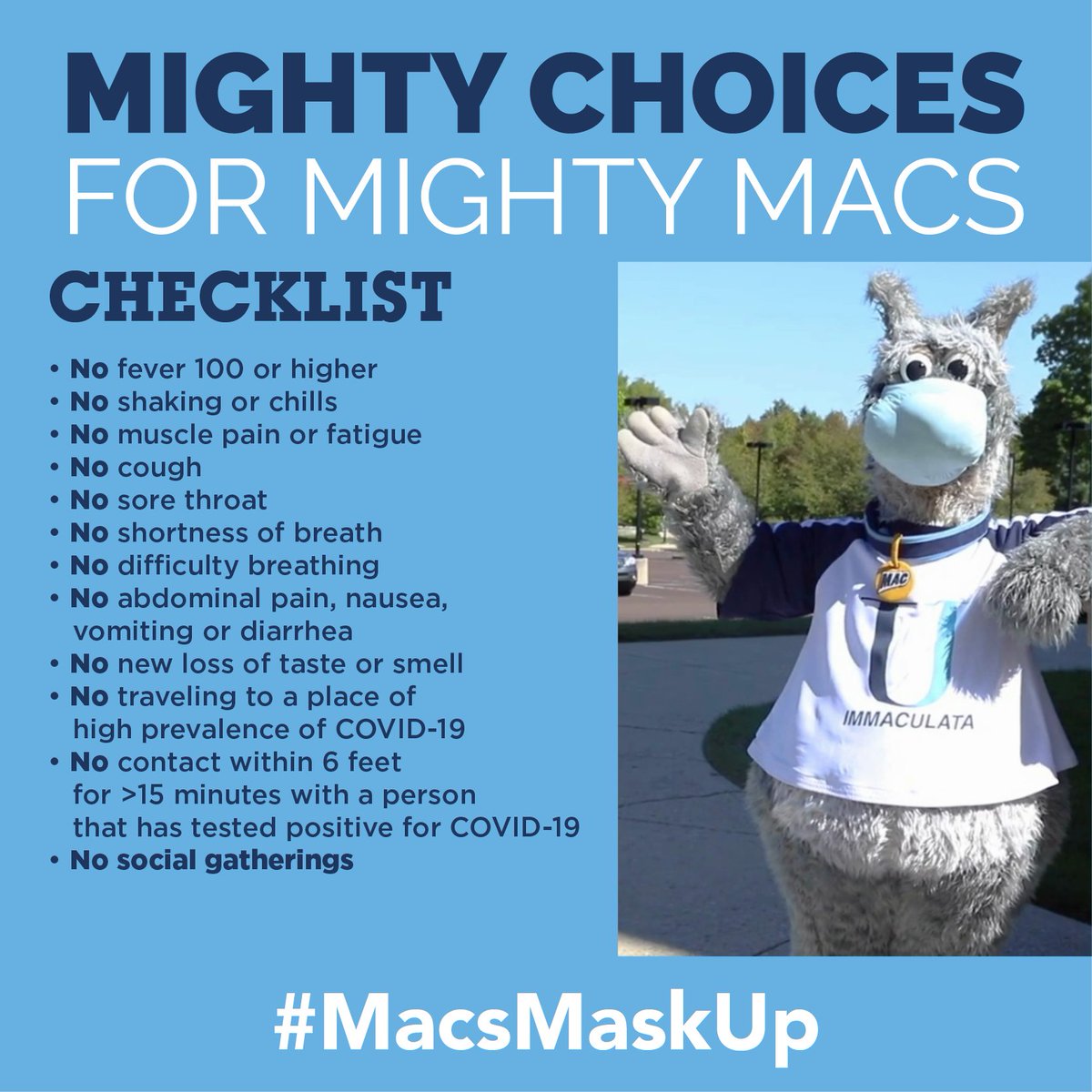 ImmaculataU's tweet photo. Let's stay safe before returning to campus! The 14-Day Wellness Watch starts now! #MacsMaskUp https://t.co/vyFMFyjiHp