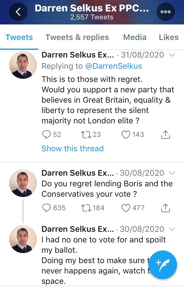 In the days that follow, Selkus is testing the waters with his Twits for a new partyIn the 2019 GE, unable to vote for himself, he’d been forced to spoil his own ballot. Yuk.Things had to changeBy now Dazza has had it with Farage, and is telling people to ‘watch this space’