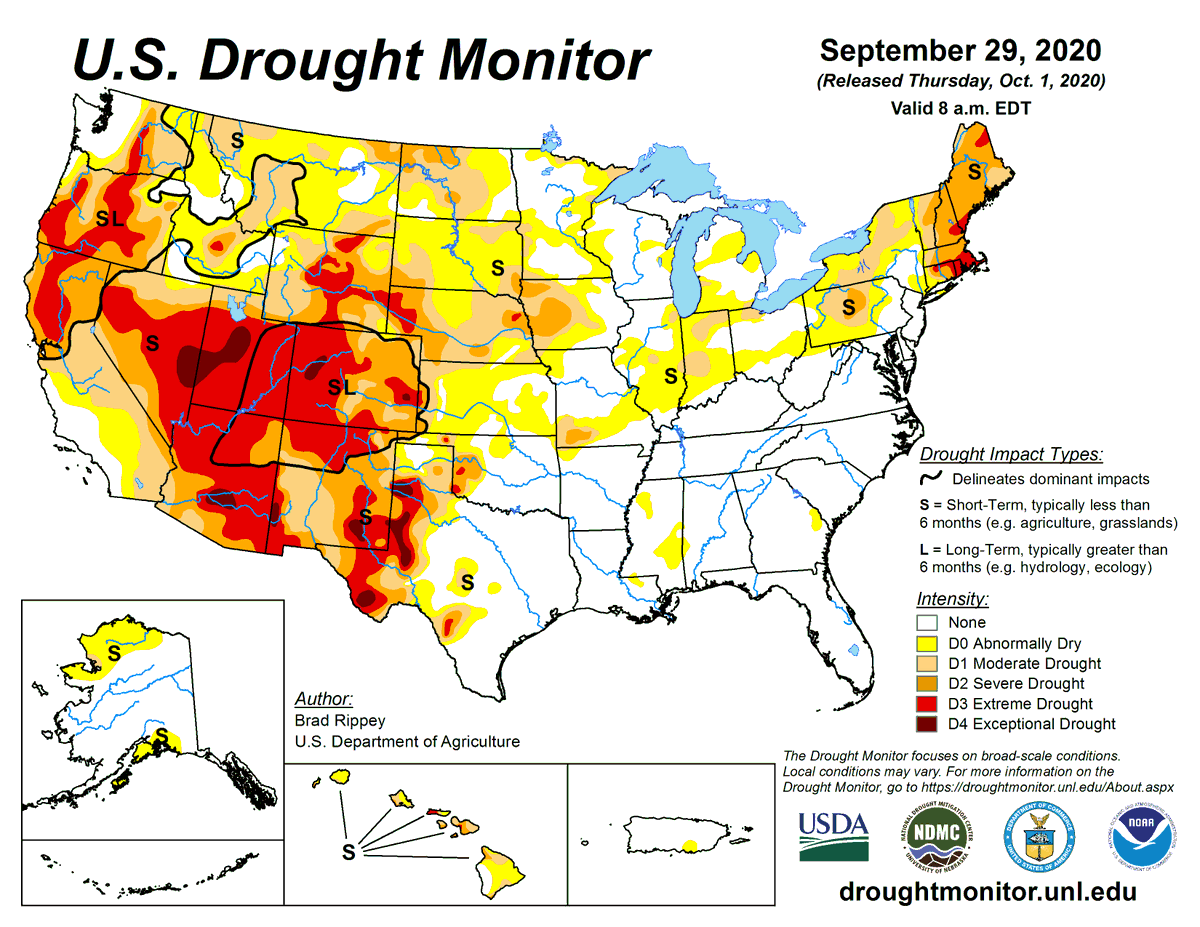 DroughtCenter's tweet photo. U.S. Drought Monitor 10-1-20: Drought coverage increased by almost 2.3 percentage points across the U.S. and Puerto Rico, to 35.8%. Worsening drought remained a major concern across much of the western half of the country, with six states experiencing Exceptional Drought (D4). https://t.co/6NzthA2enW