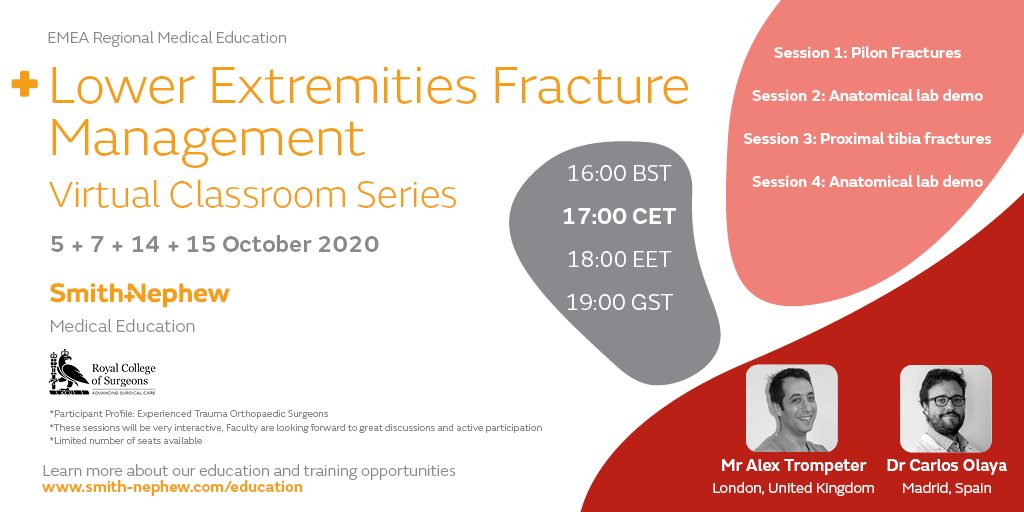 SmithNephewPLC's tweet photo. Step into the virtual classroom for the latest tips and tricks to treat and manage #pilonfracture - the first of 4 sessions on lower extremity #traumafixation. Register: https://t.co/PzK8qC441U #orthopaedics #fracture #trauma https://t.co/5QpudeBbbs